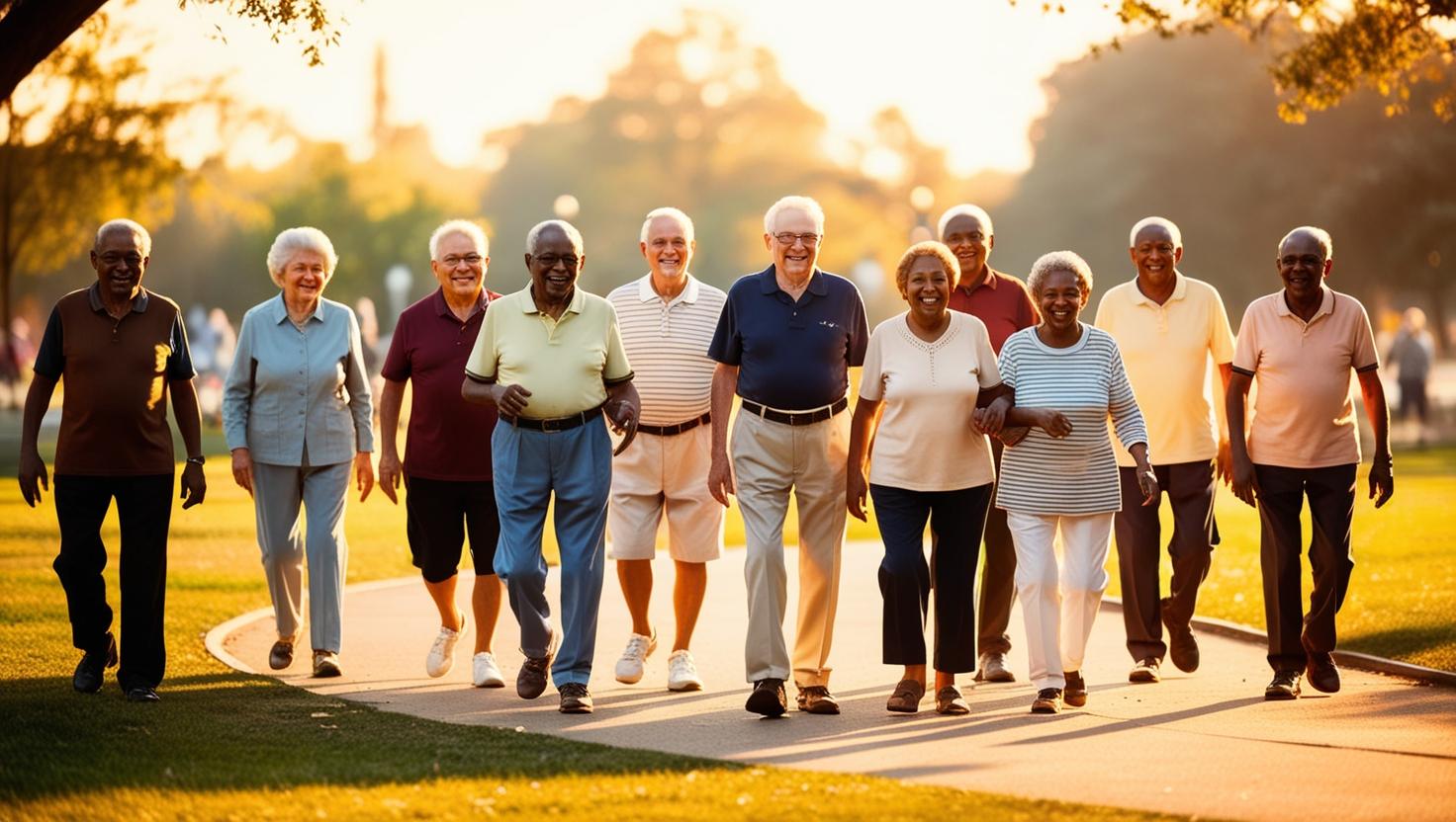 A group of seniors walking together on a scenic path